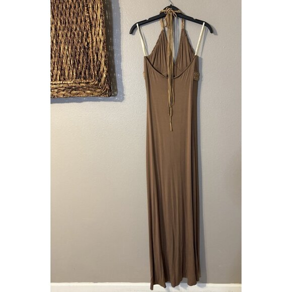 SKY Brand Maxi Dress M Soft Brown Suede Braid Trim Stretch Long NEW - Picture 11 of 12